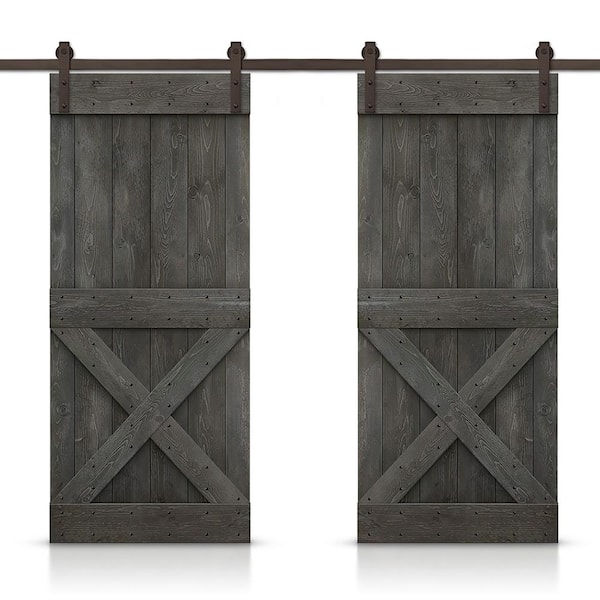 CALHOME Mini X 40 in. x 84 in. Carbon Gray Stained DIY Solid Pine Wood Interior Double Sliding Barn Door with Hardware Kit