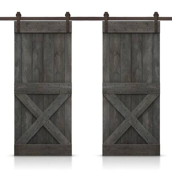 CALHOME Mini X 76 in. x 84 in. Carbon Gray Stained DIY Solid Pine Wood Interior Double Sliding Barn Door with Hardware Kit