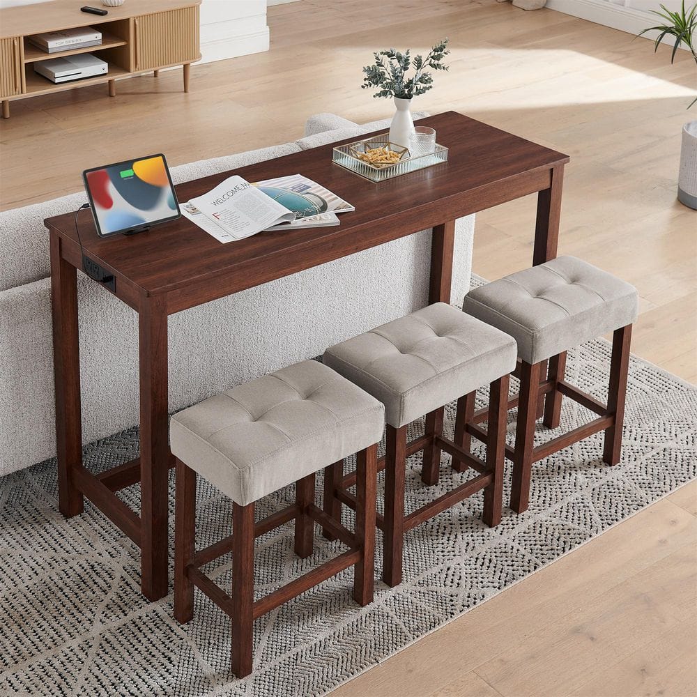 35.5 in. H Cherry Rectangle Bar Table Set with 3 Upholstered Stools, Power Outlet and USB Ports(Set of 4) price history on PriceWatchPro