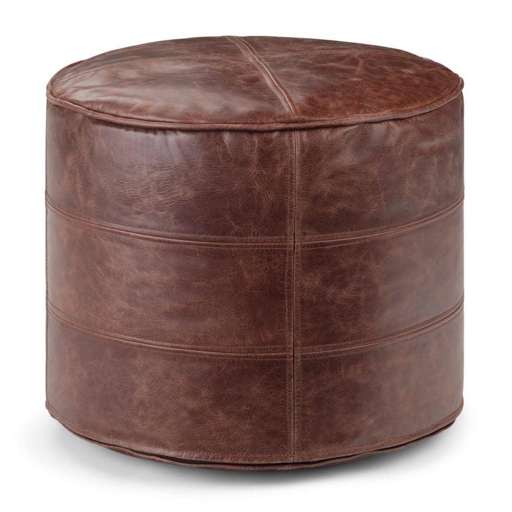 Connor Round Distressed Brown Leather Pouf