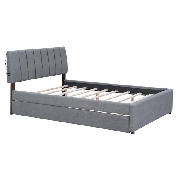 Gray Wood Frame Full Size Platform Bed with Twin Size Trundle