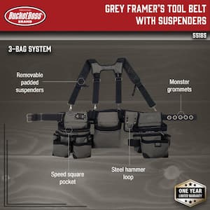 3-Bag Framer's Suspension Rig Work Tool Belt with Suspenders in Gray