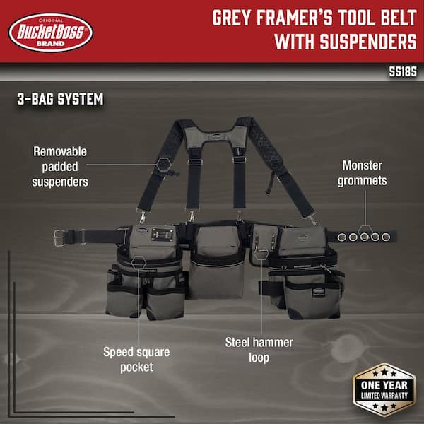 3-Bag Framer's Suspension Rig Work Tool Belt with Suspenders in Gray