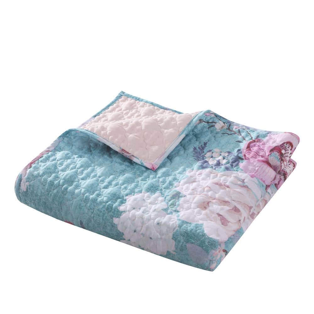 Turquoise Blue Floral Quilted Reversible Throw Blanket