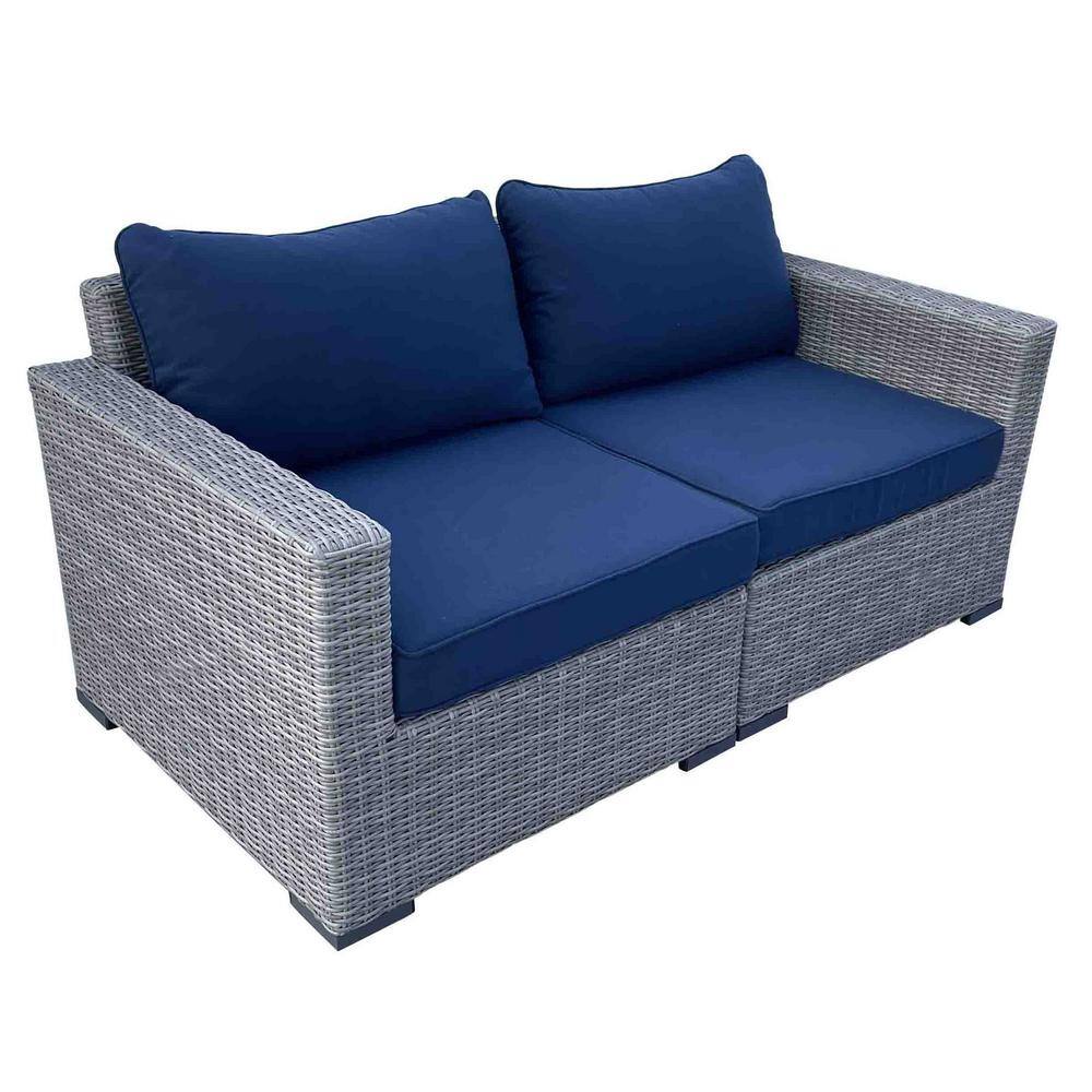 Brown Wicker Outdoor Loveseat with Blue Cushions