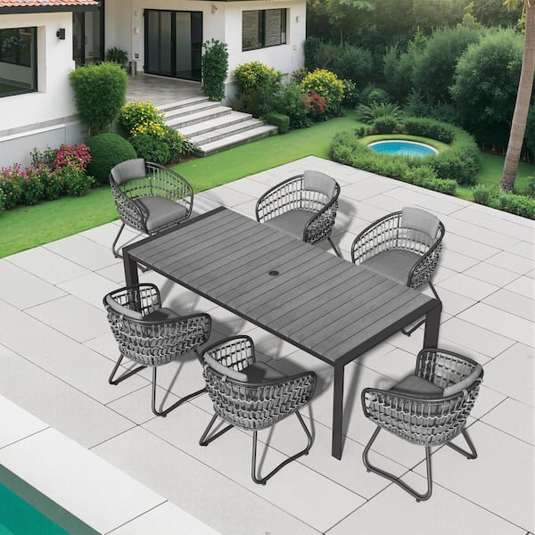 Pellebant 7-Piece 71 in. Rectangular Wood-Like Aluminum Patio Outdoor Dining Set with Faux Rattan Wicker Chairs in Gray Cushion
