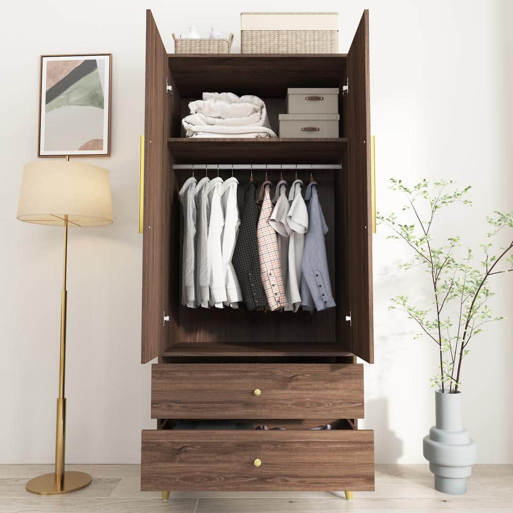 Brown Armoire with 2-Drawers, Hanging Rod and Gold Metal Handles (71.1 in. H x 19.1 in. W x 31.5 in. D) - thumbnail 2