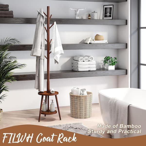 Freestanding Brown Bamboo Coat Tree Rack with Umbrella Stand 8-Hooks Stable Easy Assembly for Entryway Use