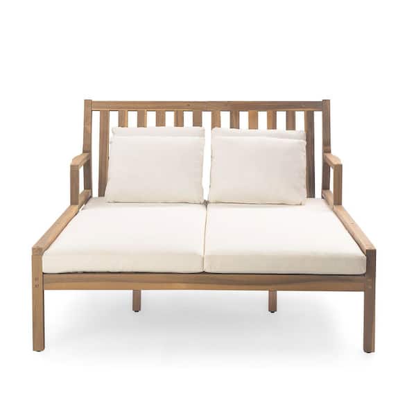Unbranded Light Teak 1-Piece Teak Wood Outdoor Chaise Lounge Day Bed with Cushion Guard for Backyard, Garden, Beige Cushions