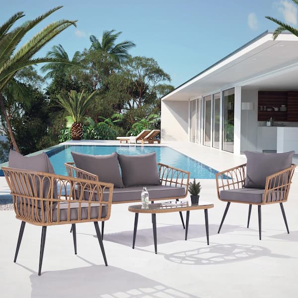 SANSTAR 4-Pieces Wicker Outdoor Patio Conversation Set All-Weather Rattan Patio Furniture Set with Table and Gray Cushions