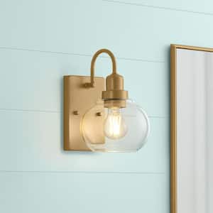 Halyn 4.5 in. 1-Light Vintage Brass Indoor Wall Sconce with Clear Glass Shade