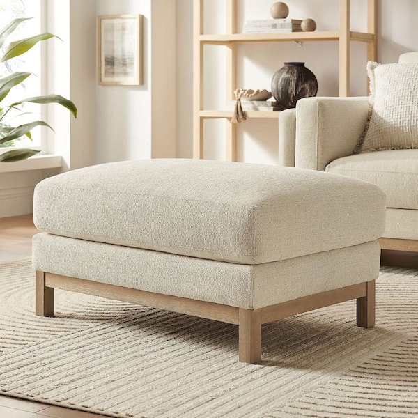 Roscoe Chenille Fabric Ottoman in Ivory