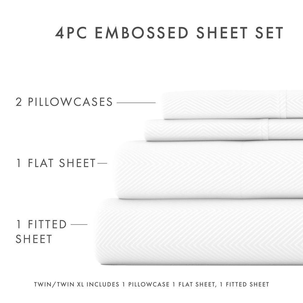 Twin White Chevron Embossed Microfiber Bed Sheet Set