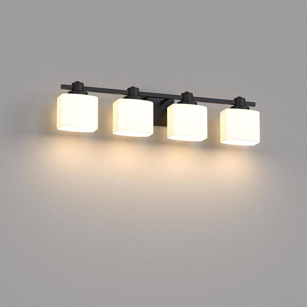 31 in. 4-Light Modern Square Black Vanity Light, Wall Fixture with Milk White Glass Shades for Bathroom or Dressing price history on PriceWatchPro