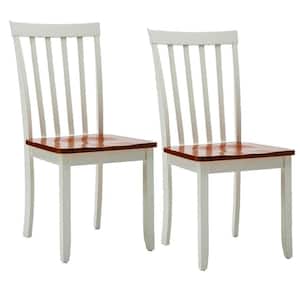 Brown and White Wooden Seat Dining Chair with Slatted Backrest (Set of 2)