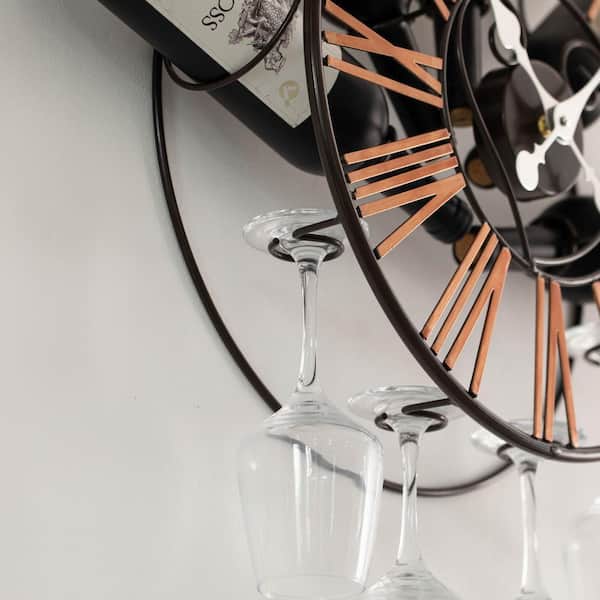 Vintiquewise Wall-Mounted Clock Design Wine Holder with Stemware