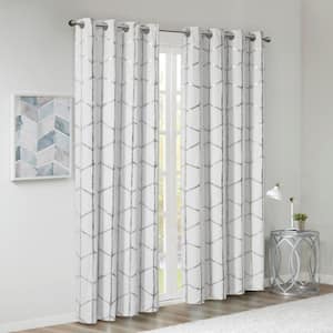 Khloe White/Silver Polyester 50 in. W x 63 in. L Total Blackout Metallic Print Grommet Top Curtain