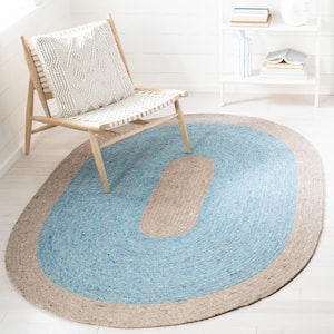 Braided Blue Beige 6 ft. x 9 ft. Abstract Striped Oval Area Rug
