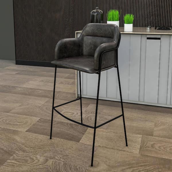 Axis 30 in. Seat Height Black Low Back Metal Bar Stool With Leather Seat in Stainless Steel