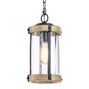 1-Light Black and Woodgrain Outdoor Pendant Light with Striped Glass Cylinder
