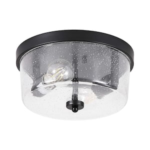 10.63 in. 2-Light Black Farmhouse Flush Mount with Seeded Glass Shade and No Bulbs Included