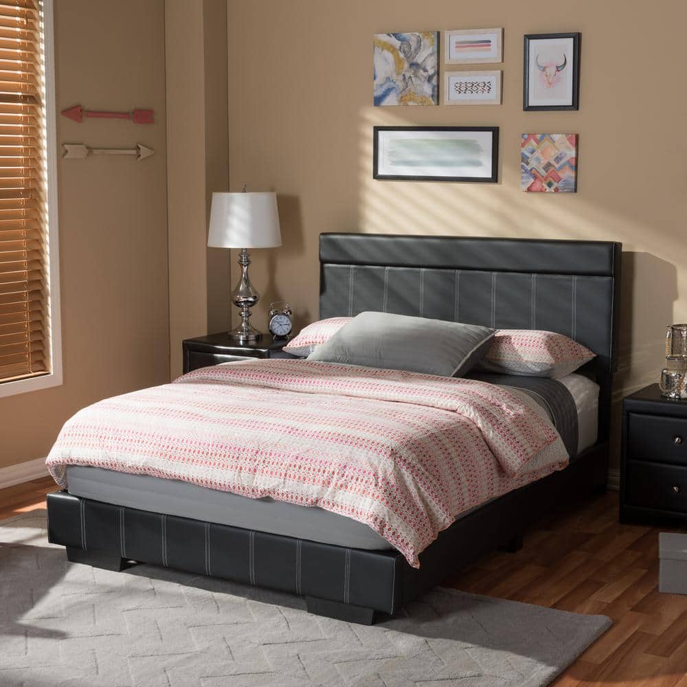 Black Faux Leather Full Size Platform Bed with Upholstered Headboard