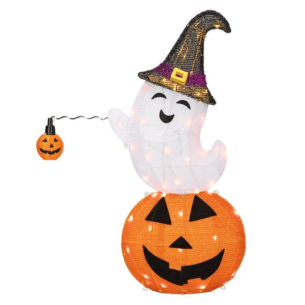 VIVOHOME 2.5 ft. Height LED Lighted Halloween Collapsible Metal Ghost on Pumpkin with Projection Effect
