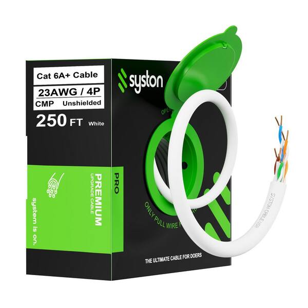 250 ft. White Cat 6A Plenum Rated-CMP Ethernet Network Cable 700MHz 23AWG Solid Bare Copper Wire No Ends Heat Resistant