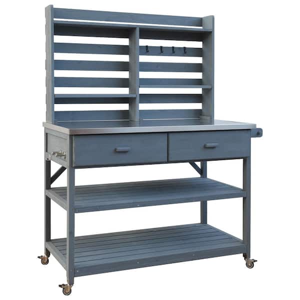 Grey Blue Wood 64.9 in. H Outdoor Potting Table Buffet Side Table with Stainless Steel Top Lockable Wheels, Towel Rack