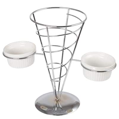 Chrome Iron Wire French Fry Set with Single Cone Holder, 2-Ceramic Ramekins for Dipping Sauce