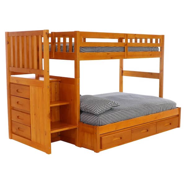 OS Home and Office Furniture Warm Honey Mission Honey Finished Twin over Full Staircase Bunkbed with 3-Drawers
