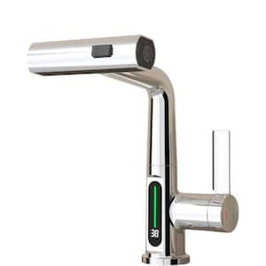 Pull-Out Lift LED Temperature Digital Display Single Handle Single Hole Bathroom Faucet with Adjustable Height in Chrome