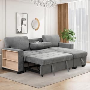 85.2 in. W Velvet L -shaped Sectional Sofa in Gray with Pull-out Bed Drop Down Table and USB Charger