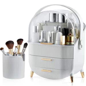 Makeup Storage Organizer Display Case with 2-Layer Storage Box and Transparent Cover, for Bedroom Vanity Desk in White