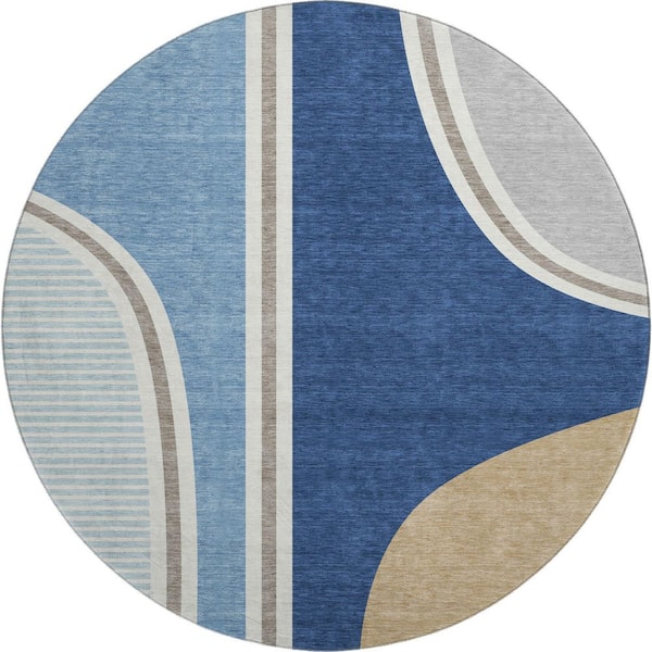 Mayfield Premium Machine Washable Abstract AMF2505 Blue 8 ft. x 8 ft. Round Rug