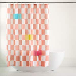 Betty Bold Checkerboard Cotton 70 in. x 72 in. Shower Curtain Peach White (Single Pack)