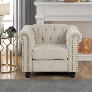 Beige Linen Chesterfield Chair for Living Room