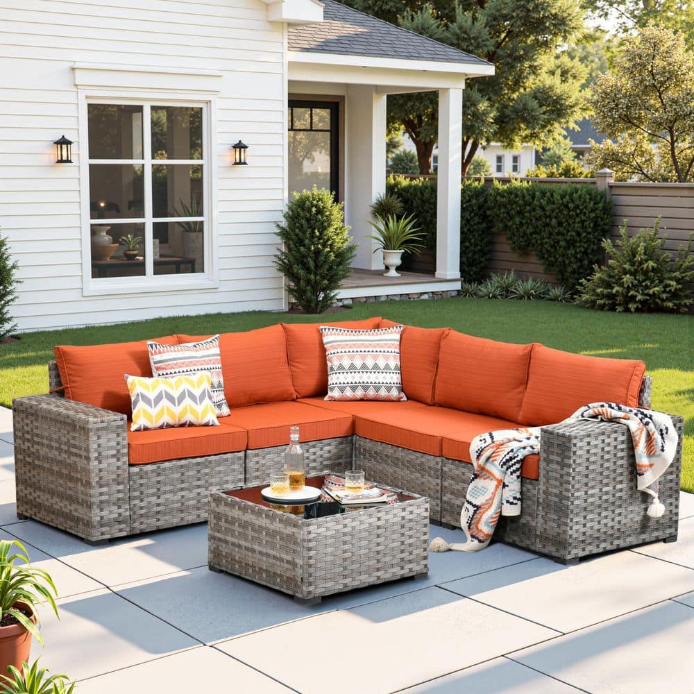 Rouge 6-Piece Wicker Outdoor Sectional Furniture Patio Conversation Sofa Set with a Table and Red Cushions price history on PriceWatchPro
