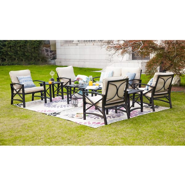 Patio Festival 8-Piece Metal Patio Conversation Set with Beige Cushions