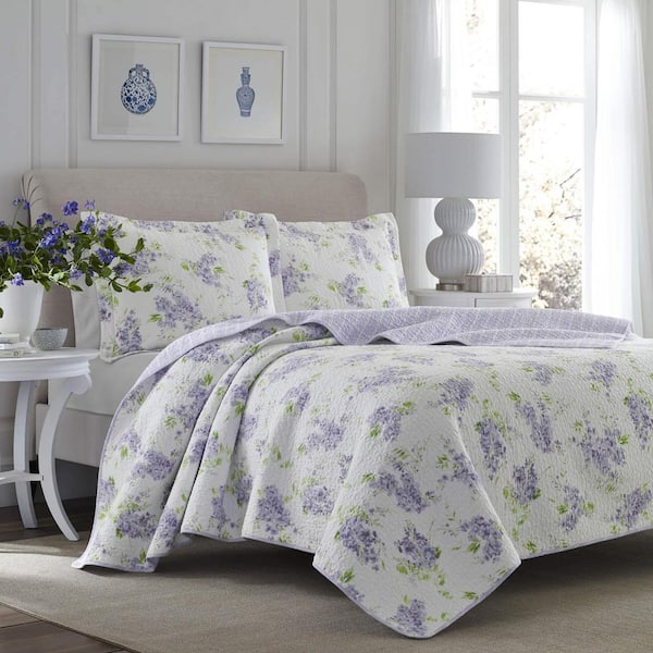 Laura Ashley Keighley 3-Piece Purple Solid Cotton Full/Queen Quilt