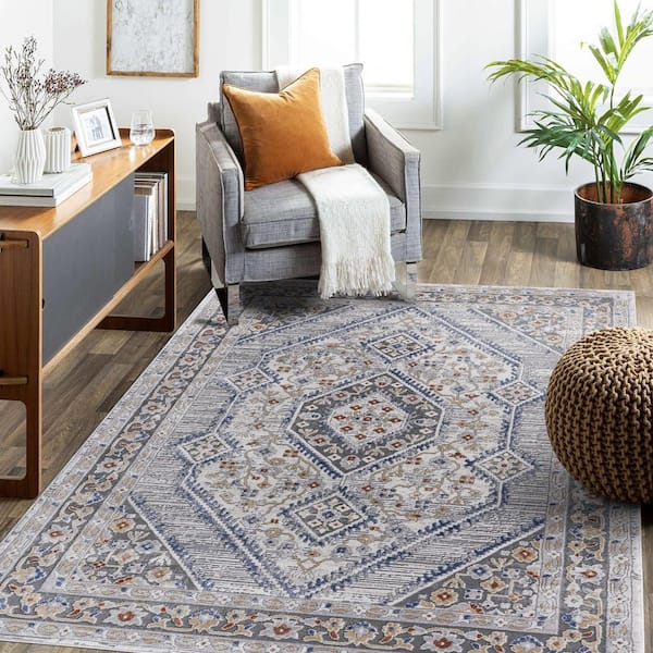 5 ft. x 7 ft. Blue plus Cream Loom and Luxe Collection Bordered Non-Shedding Stylish and Stain Resistant Area Rug
