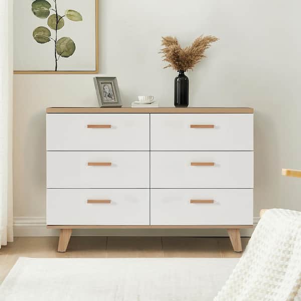 47 in. Natural Brown Wood Frame with 6-Drawer White Accent Storage Cabinet Drawer Cabinet Bar Cabinet Organizer