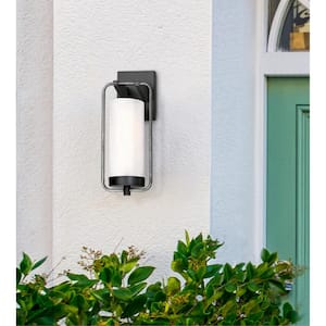Galtero 1-Light Matte Black and Distressed Aluminum Finish Outdoor Wall Mount Lantern with White Frosted Glass