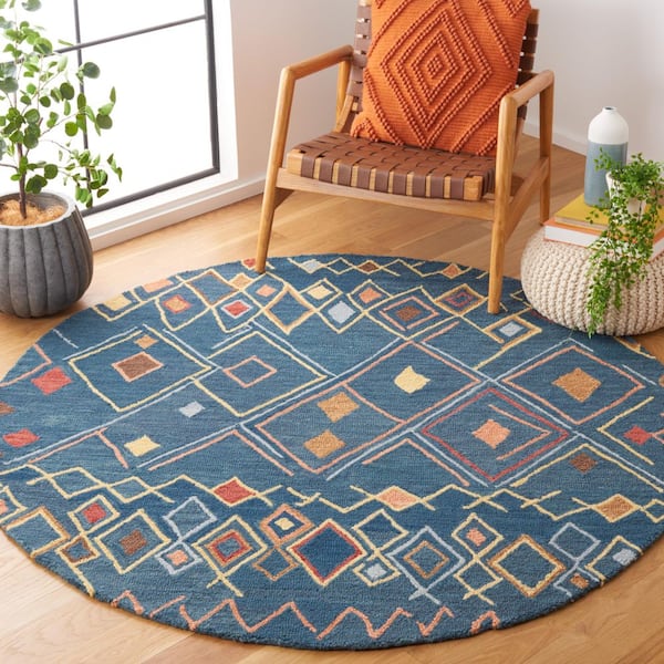 Suzani 6 ft. x 6 ft. Round Dark Blue/Multi Abstract Geometric Area Rug
