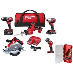 M18 18V Lith-Ion Cordless Combo Kit (5-Tool) w/(1) 3.0Ah & (1) 1.5Ah Battery, (1) Charger & Drill Bit Set (15-Piece)