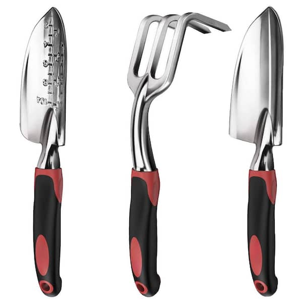 3-Piece Garden Tool Set Heavy Duty Cast Aluminum Non-Slip Rubber Handle Includes Trowel Rake Red