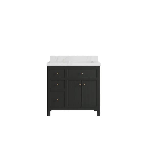 Willow Collections Sonoma 36 in. Right Sink Freestanding Black Top Bath Vanity with Calacatta Sienna Quartz Top Unassembled