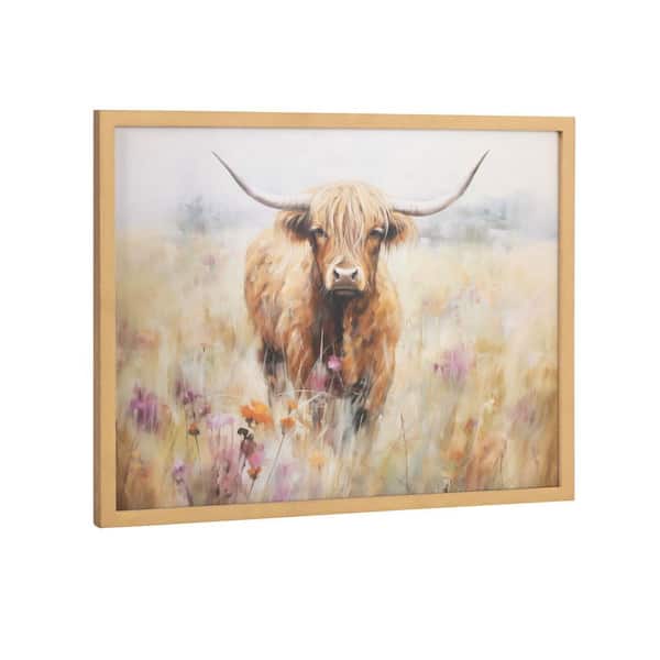 Kate and Laurel Gallery Highland Cow in a Flower Field Landscape by The Creative Bunch Studio Gold Framed Art Print 16 in. x 12 in.