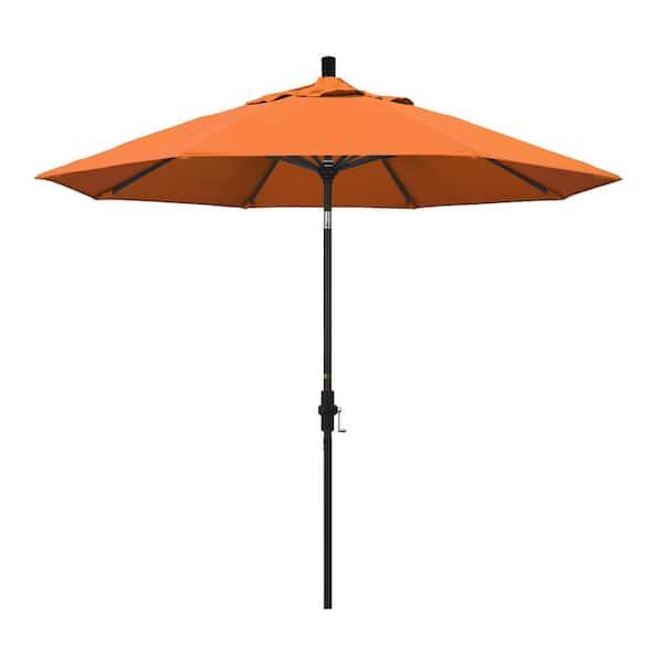 California Umbrella 9 ft. Stone Black Aluminum Collar Tilt Crank Lift Market Patio Umbrella in Tangerine Sunbrella