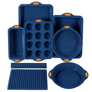8-Piece Silicone Baking Set - Cake Muffin Bread Pan with Metal Reinforced Frame More Strength, Navy Blue